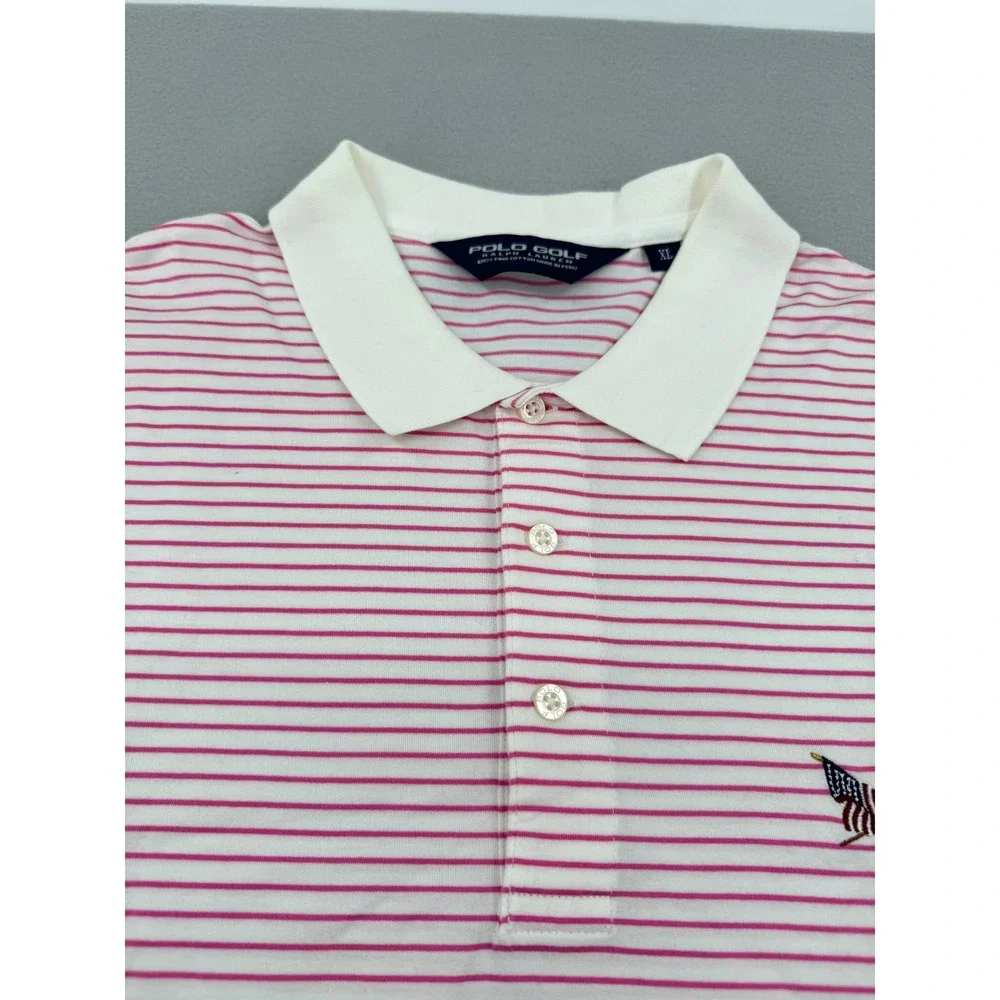 Polo Golf Ralph Lauren Mens XL Pink‎ Striped Short Sleeve Performance Polo Logo